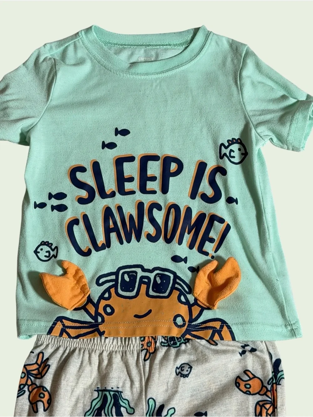 Kids' 3T Mint Green Crab Pajama Set - Sleep Is Clawsome!